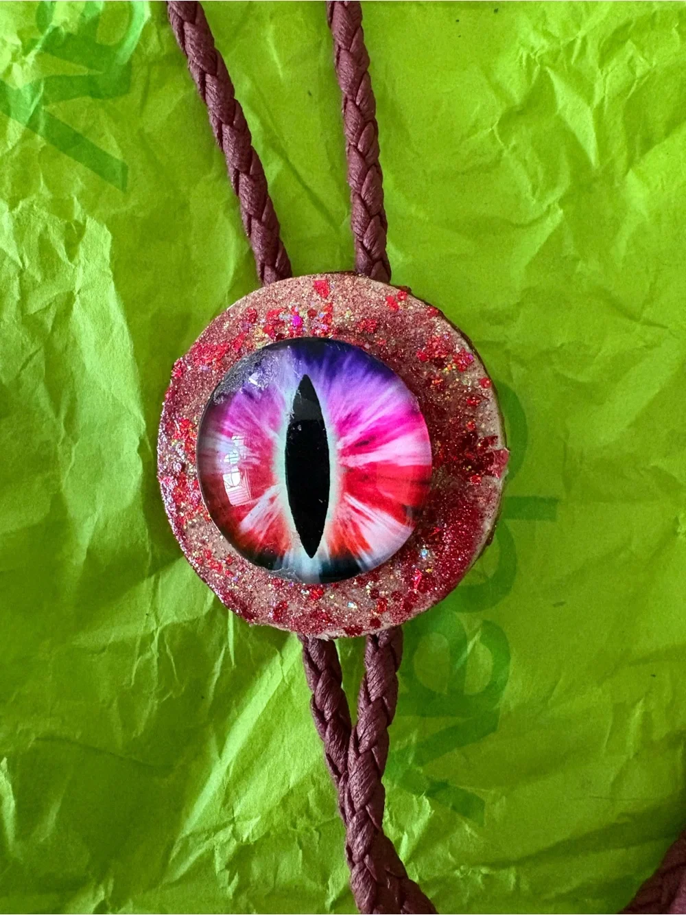 Handmade Dragon Eye Bolo Tie in Red and Purple